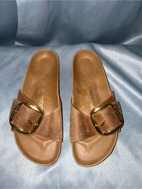 Birkenstock Brown Slide Sandals with Gold Buckles